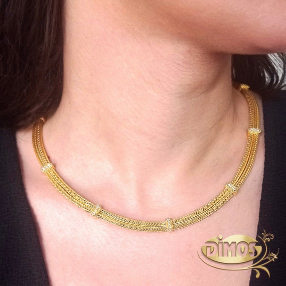 Dimos 18k Gold Diamonds Knitted Necklace. Classy Greek Jewelry