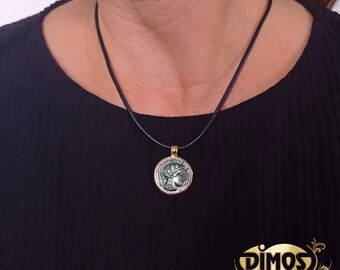 Pingente de moeda de Atena em ouro 14k: cópia de museu em prata