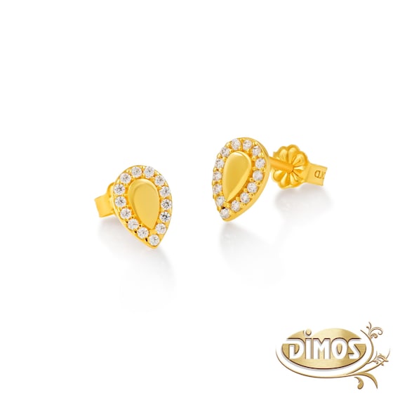 14k Gold Teardrop Stud Earrings With Zircon. Pear Shaped Jewelry