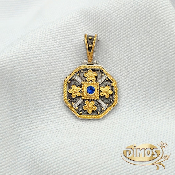 Silver Gold Plated Octagonal Floral Design Pendant with Cz | Artisan Necklace for Her