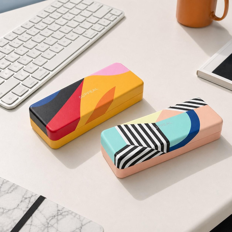 May include: Two rectangular cases with colorful abstract designs. One case features a yellow background with red, black, and blue shapes. The other case has a pink background with black and white stripes and blue and teal shapes. The word "SURREAL" is printed on each case.