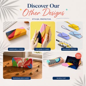 May include: Image showcasing various eyewear cases and pouches. Featured are hard shell cases, foldable cases, and envelope pouches in diverse colors and patterns. Text reads "Discover Our Other Designs" and "Stylish. Protective."