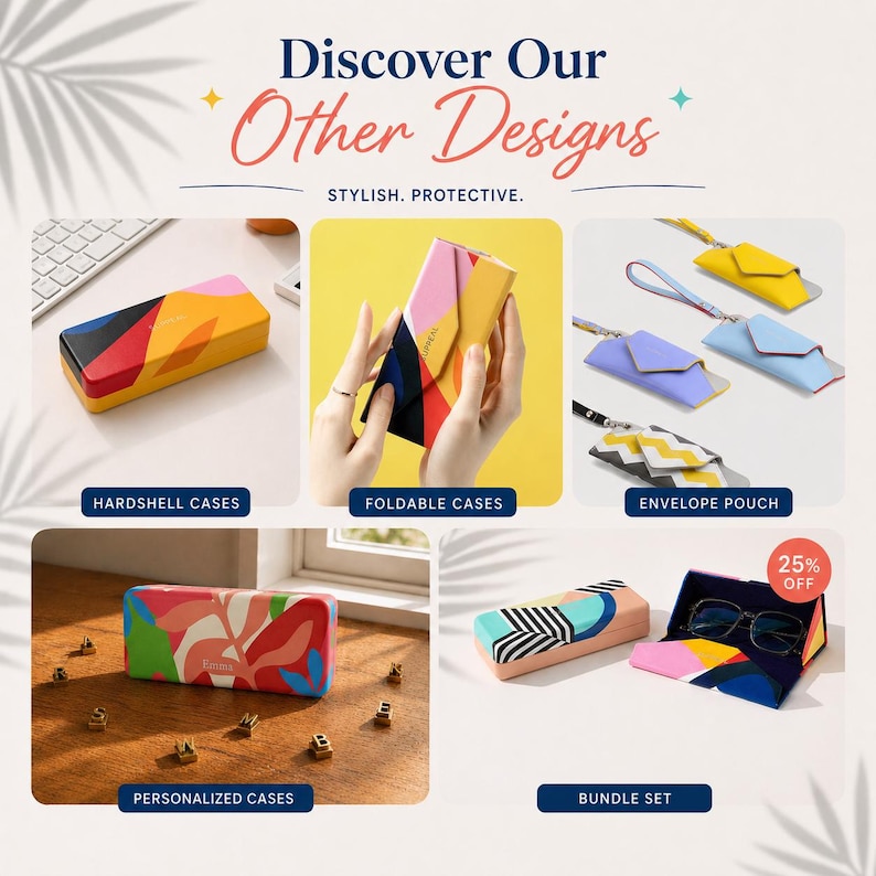 May include: Image showcasing various eyewear cases and pouches. Featured are hard shell cases, foldable cases, and envelope pouches in diverse colors and patterns. Text reads "Discover Our Other Designs" and "Stylish. Protective."