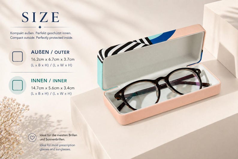 May include: A pair of black-framed eyeglasses rests inside an open, rectangular eyeglasses case. The case is peach-colored with a patterned lid featuring black, white, and blue designs. The text "SIZE" is at the top, with dimensions in centimeters.