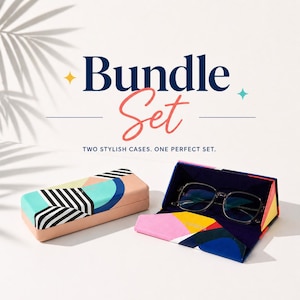 Pode incluir: Um conjunto de duas elegantes capas para óculos. Uma capa fechada, com um design geométrico em rosa, turquesa, preto e branco. A outra capa está aberta, revelando óculos. O texto "Bundle Set" é exibido acima das capas.