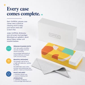May include: A yellow glasses case with an abstract design in orange and teal, a white box, and a gray microfiber cleaning cloth. The text "SUPPEAL" is visible on the case and box. The image also includes the text "Every case comes complete."