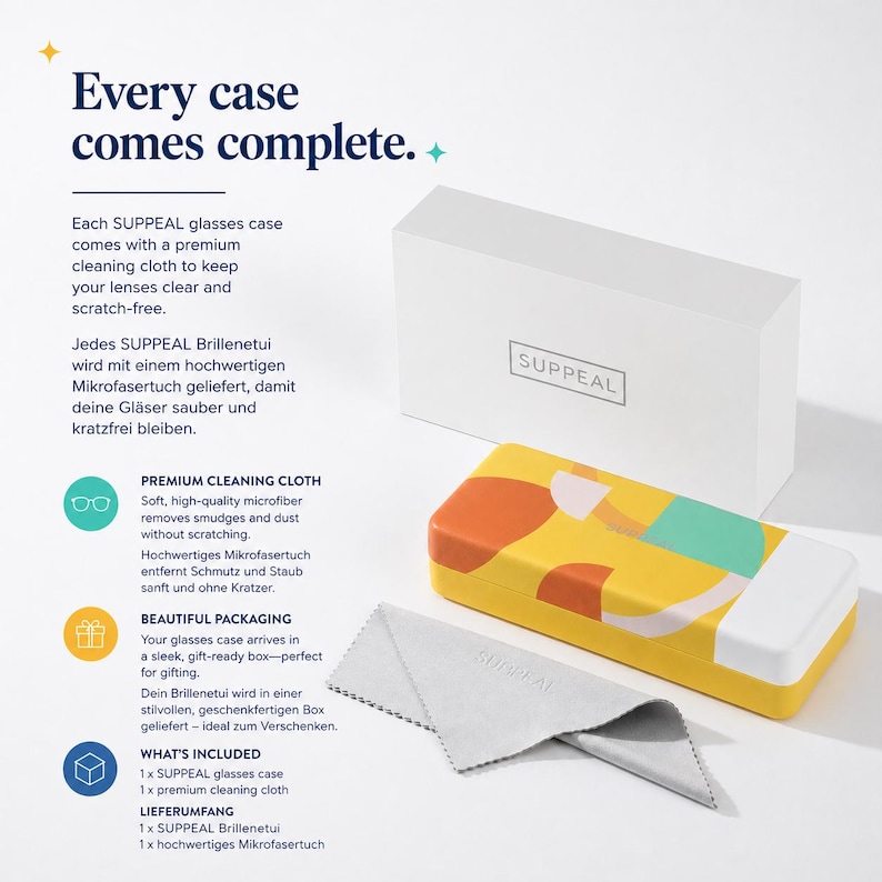 May include: A yellow glasses case with an abstract design in orange and teal, a white box, and a gray microfiber cleaning cloth. The text "SUPPEAL" is visible on the case and box. The image also includes the text "Every case comes complete."