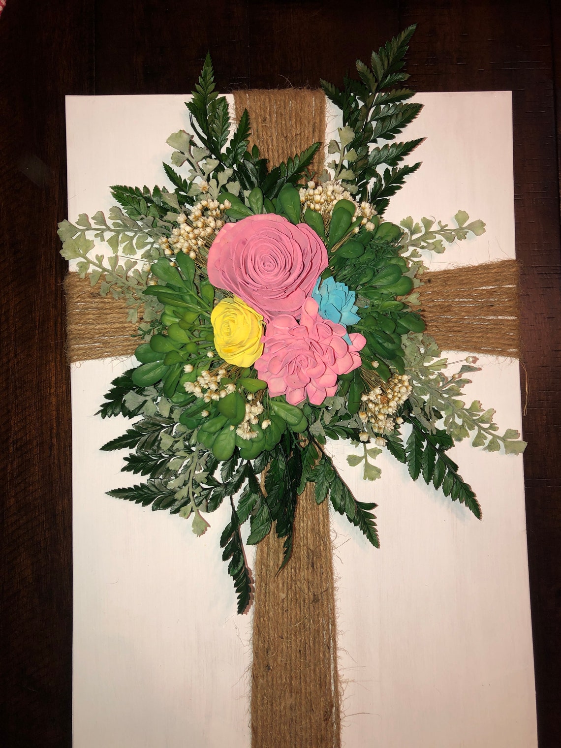 Twine cross with wood flowers Etsy