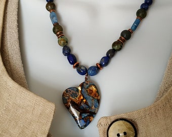 boho style natural gemstone necklace/sodalite, lapis lazuli, turquoise necklace/heart pendant