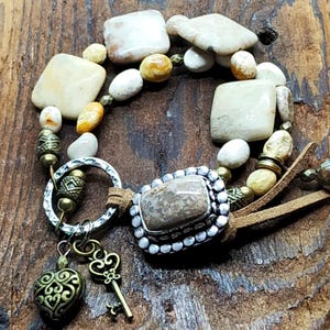 Fossil Coral Artisan 925 silver button- leather closure/Chrysanthemum fossil coral agate bracelet/statement bracelet/chunky bracelet