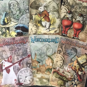Alice In Wonderland * Collage * 6 Glassine Bags * Antiqued * Vintage * Junk Journal * Scrapbook * Whimsical * Mad Hatter * Decorative  (#23)