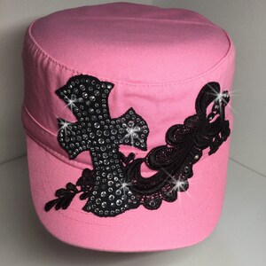 Ladies Rhinestone Cadet Hat * Pink w/ Cross * Hand Dyed Applique * Adjustable Back * Bella Stones * One Size *