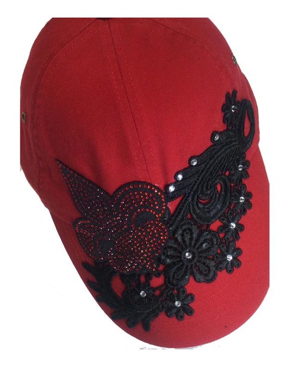 Ladies Rhinestone Baseball Cap * Red W/black Fleur Di Lis 
