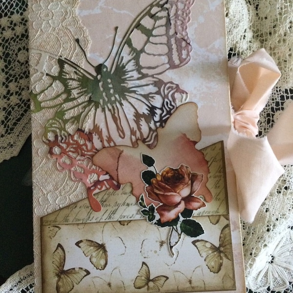 Butterfly Junk Journal * Hard Cover * Vintage * Bow Closure * Art Cards * Vellum * Tissue * Glassine Bags * Specimen  Cards * Envelopes *