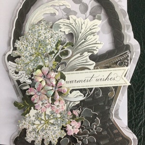 Warmest Wishes * 3 Dimentional Basket Card * Gray Tones w/ Pink * Silver Metallic Elements * Elevated Layers * Handmade Card *