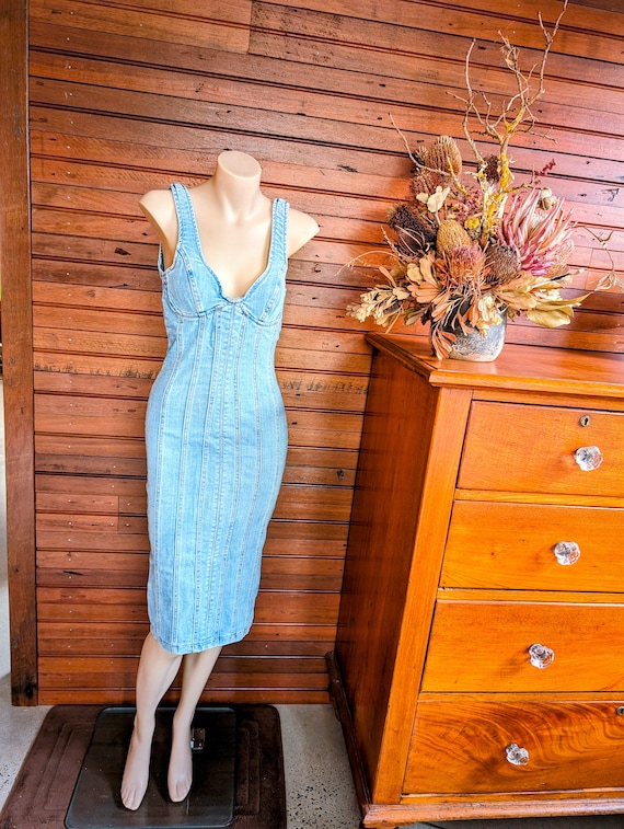 Blue Denim vintage Bardot midi dress, size xs,6 vi