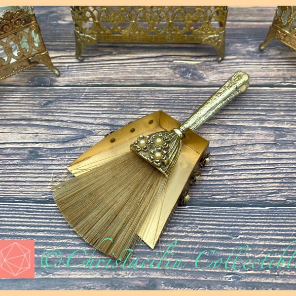 Vintage Vanity | RARE 1950s Ornate Gold-Tone Floral Pearl Vanity Powder Room Table Duster Brush & Pan by Gold Tone