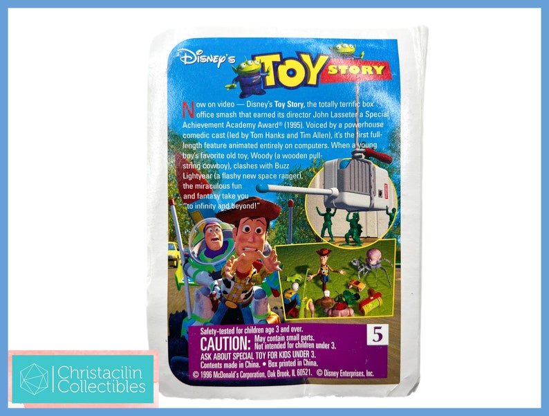 May include: A collectible Disney's Toy Story promotional card. The card features images of Woody, Buzz Lightyear, and other characters from the movie. Text on the card includes the movie title, a brief synopsis, and safety information. The card is numbered 5.
