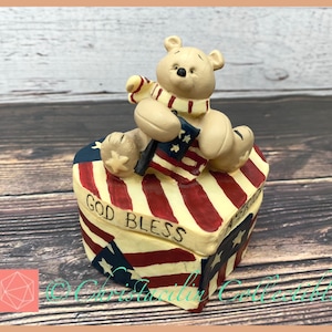 Vintage Figurine | 1999 God Bless America Teddy Bear Trinket Box by Crazy Mountain