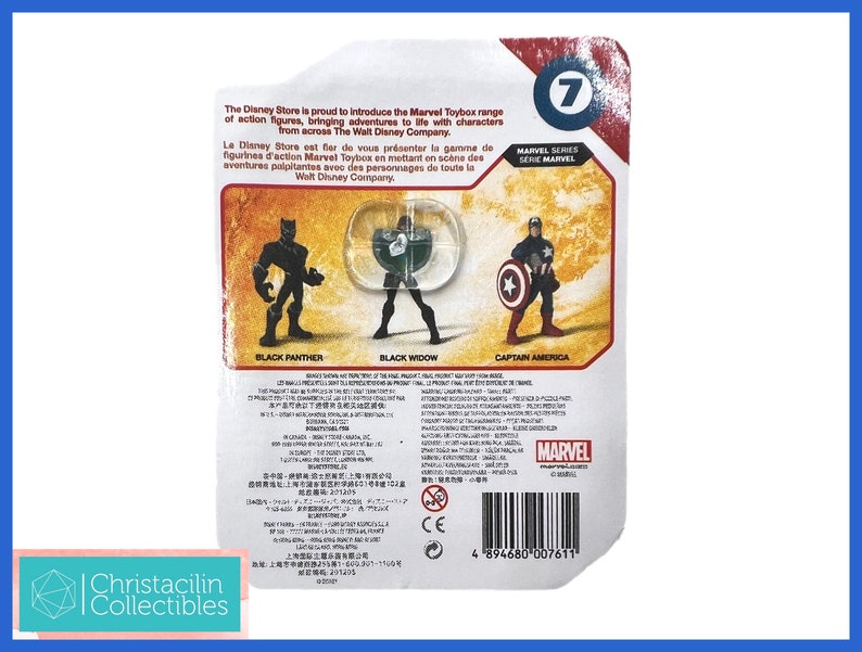 Op de afbeelding: Marvel Toybox actiefigurenset met Black Panther, Black Widow en Captain America. De verpakking bevat het Marvel-serielogo en het nummer 7. The Disney Store presenteert de Marvel Toybox-reeks actiefiguren.