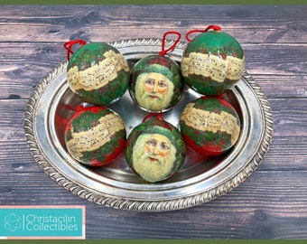 Vintage Holiday | Set of Six Santa & Music Themed - Papier-mâché Ornaments
