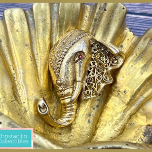 Vintage Jewelry | Gold-Tone Elephant Head with Red Rhinestone Eye Brooch Lapel Pin