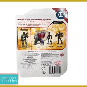 May include: Marvel Toybox action figures, featuring Thanos, Hulk, Miles Morales, and Iron Man. The packaging includes text in English and French, with the Marvel logo and a Disney Store label. The figures are part of Marvel Series 15.