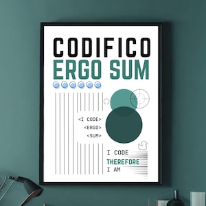 Puede incluir: Un póster en blanco y negro con el texto "CODIFICO ERGO SUM" en letras grandes y en negrita. El póster presenta un diseño estilizado con círculos, líneas y el texto "I CODE THEREFORE I AM".