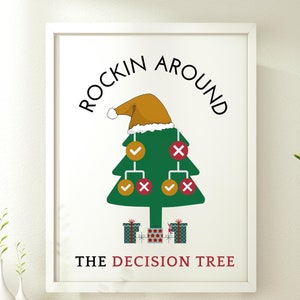 Peut inclure: Une impression encadrée blanche avec un sapin de Noël vert portant un chapeau de Père Noël. L'arbre a des coches et des X dessus. Le texte dit "Rockin' Around The Decision Tree".