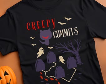 Creepy Commits Unisex Tee, Software Developer Gift, Version Control T-Shirt, Halloween Coding Shirt, Programmer Halloween Costume, Geeky Cat