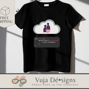 May include: Black t-shirt with a graphic of a cloud with two figures inside and a heart. The text "plt.imshow(
WordCloud().generate(
inner_thoughts
)" is printed below the graphic.
