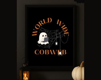 World Wide Cobweb. Funny Halloween Coding Wall Art, Ghost with Laptop Print, Programmer Web Pun. Office Decor. Holiday Engineer.