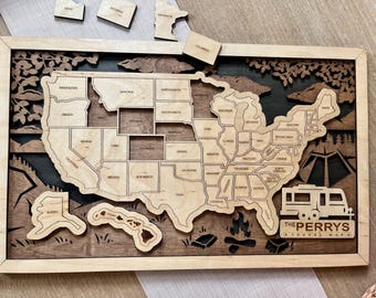 Personalized 3D US Travel Map: Wood Themed Tracker Map, Hiker Gift, Home Decor