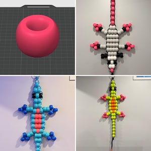 Puede incluir: Una representación 3D de un toroide rosa. Tres llaveros de lagarto con cuentas en diferentes combinaciones de colores: blanco y negro con detalles rosas, azul y rosa, y amarillo y verde con detalles rosas. Cada lagarto tiene un lazo para llavero.