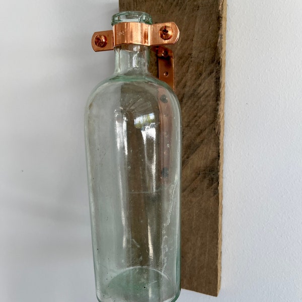 Antique Hand Dug Medicine Bottle Vase Sconce Mounted on Vintage Wood with Copper Bottle Hanger
