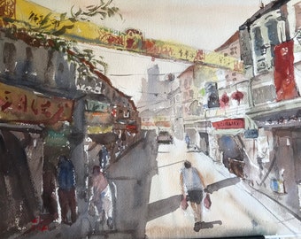 Watercolour painting Singapore scenery-Geylang