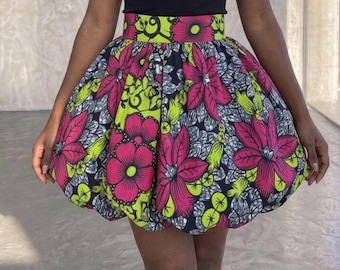 Pink and Lime African Print Bubble Skirt, Ankara Floral Puff Skirt, Colorful High Waist Mini Skirt, Custom Statement Skirt