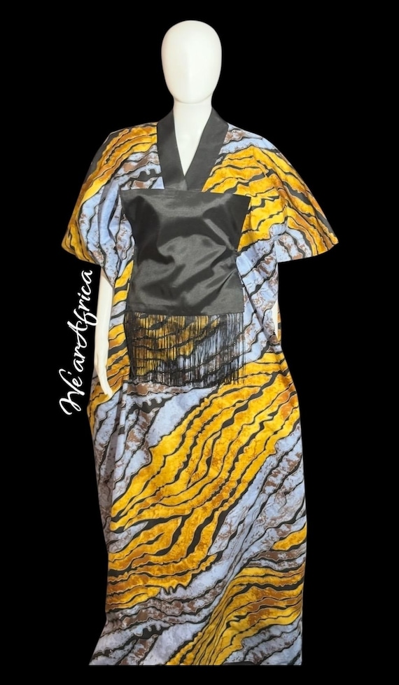 ÀKÀNDÉ Kaftan, Boubou dress, Maxi dress, Bubu with neck contrast & fringe