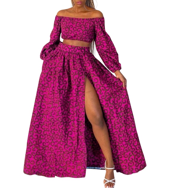 African print off shoulder crop top with a high slit skirt