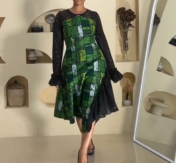 Ankara/african print & lace  dress, African print minimal flare dress, party dress, chic Ankara, contrast lace dress, elegant party dress