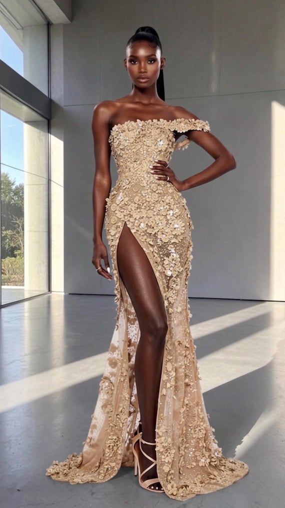 Champagne 3D Floral Appliqué Mermaid Dress