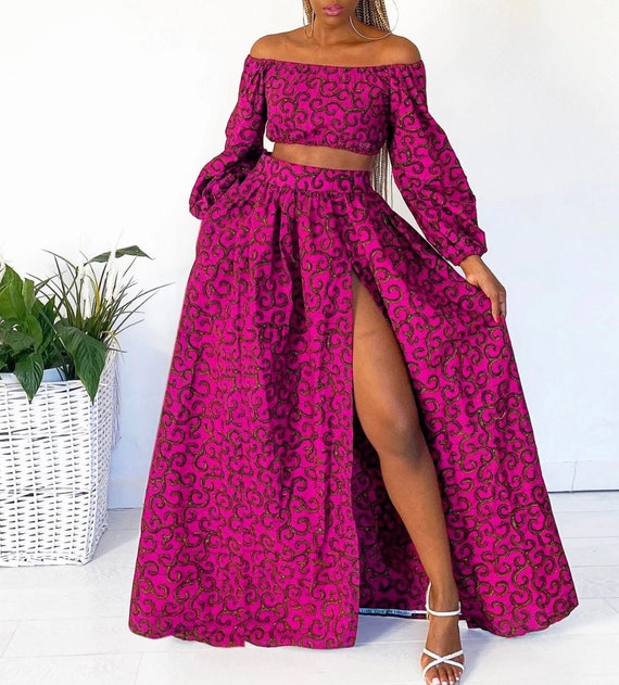 Ankara/african print off shoulder crop top with a high slit skirt