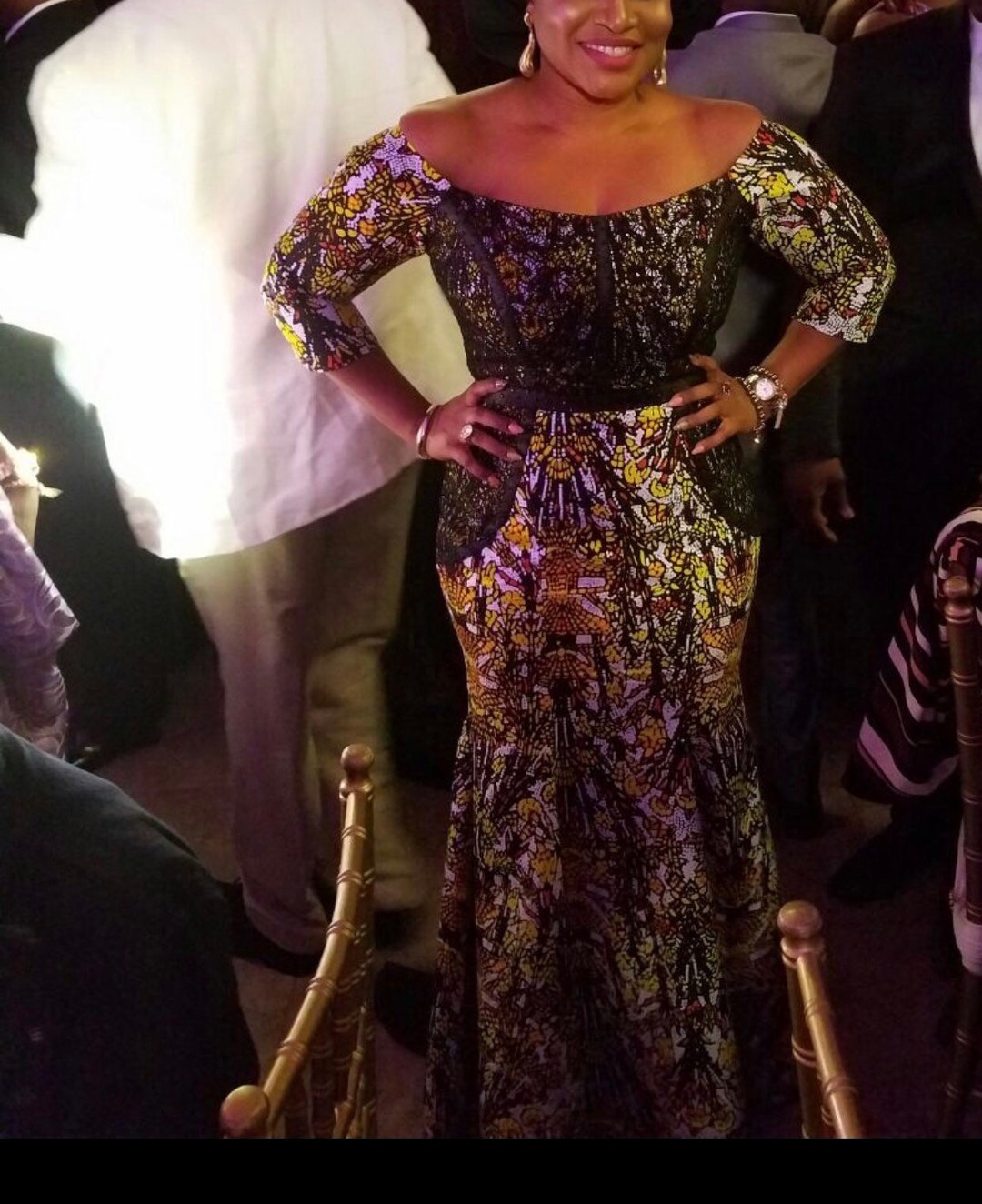 Off-Shoulder Green and Brown Ankara Party Dress