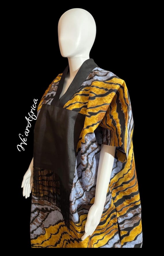 ÀKÀNDÉ Kaftan, Boubou dress, Maxi dress, Bubu with neck contrast & fringe