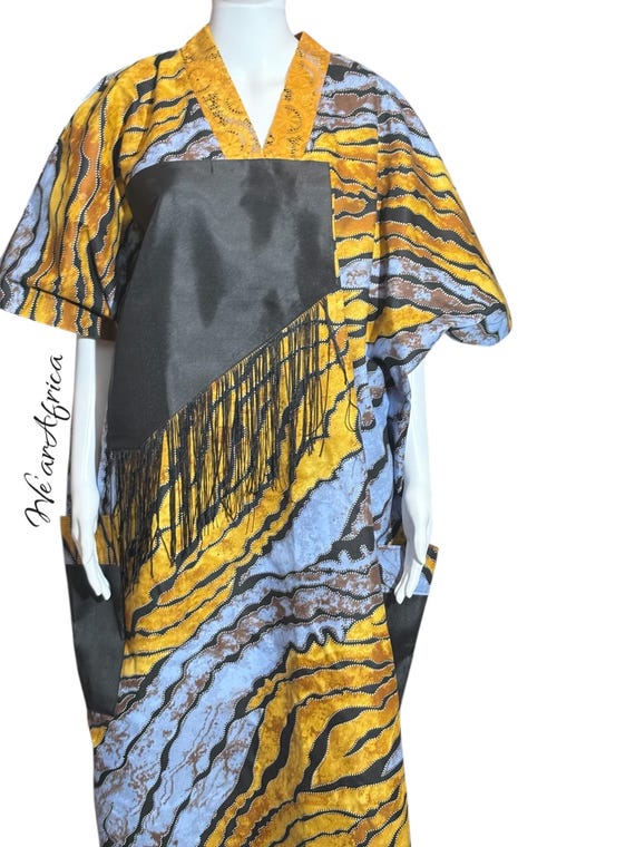 ÀBÍKÉ Kaftan, Boubou dress, Maxi dress, Bubu with neck contrast & fringe