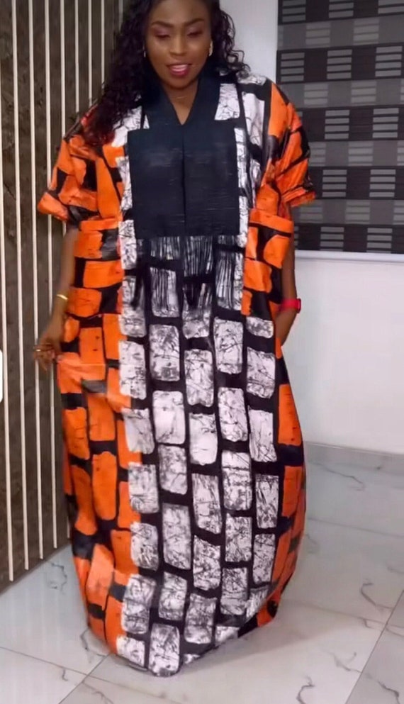 ÀNÍKÉ Kaftan, Boubou dress, Maxi dress, Bubu with neck contrast & fringe