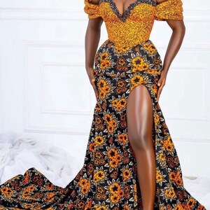 Ankara/Afrikaanse print off-shoulder feestjurk, jurk met hoge split, jurk met kralen, verfraaide jurk voor speciale gelegenheden, naija feestjurk