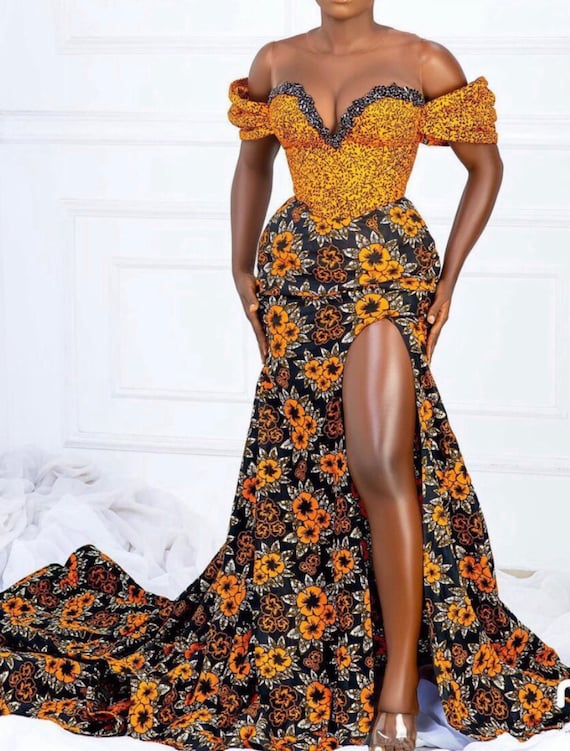 Ankara/african print off shoulder party dress, high slit dress, beaded dress, embellished special occasion dress, naija party dress