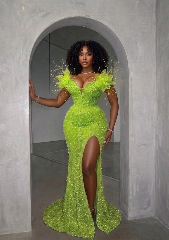 Lime Green Beaded Mermaid Dress
