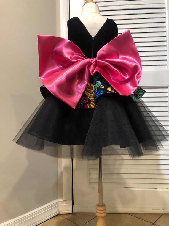 Embellished African print/Ankara & velvet tulle party dress with detachable back bow